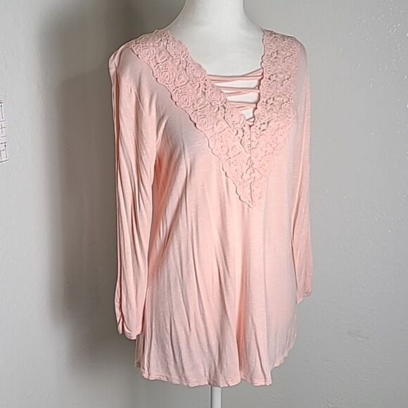 Maurices Pink Top with Embroidered Lace Neckline, Size Small - Picture 2 of 8